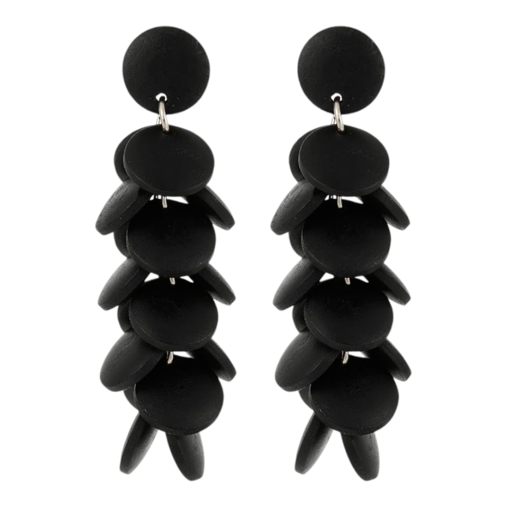 Sun Star Black Layered Wooden Circle Bohemian Drop Earrings - Picture 2 of 4